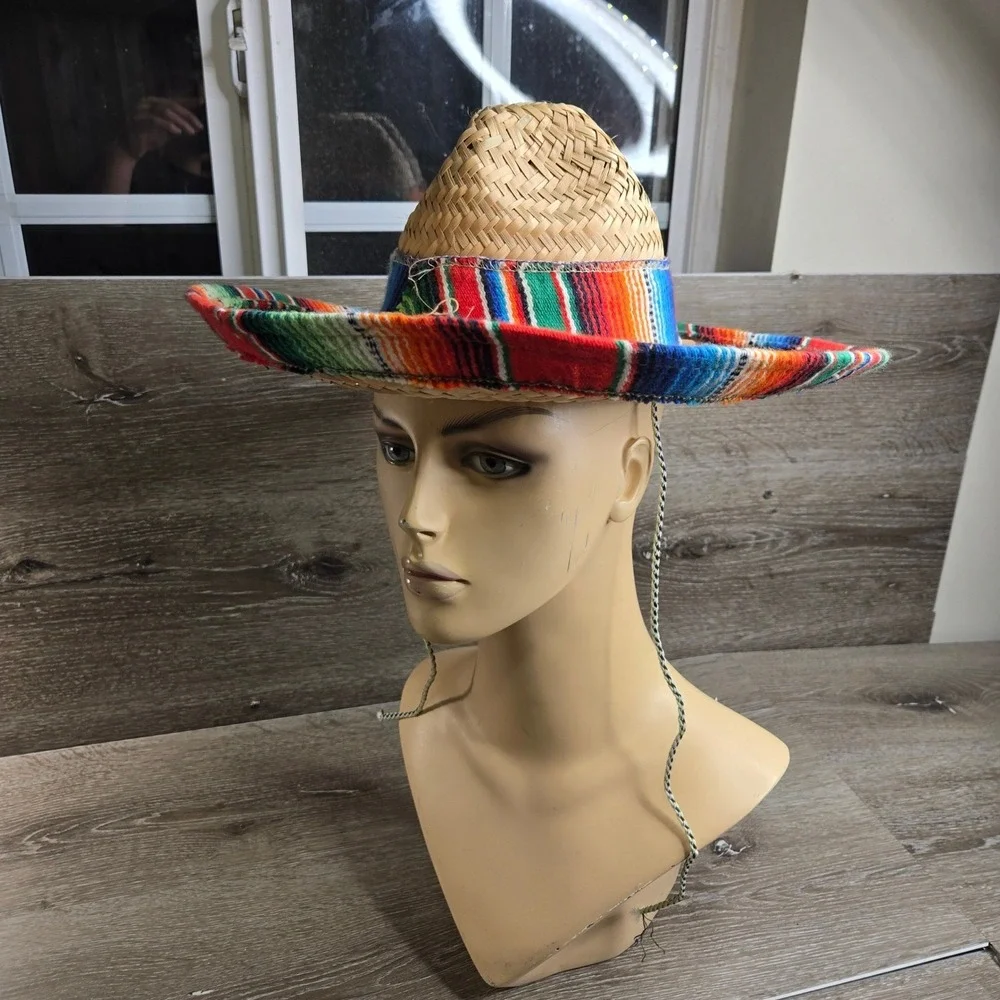 Straw Sombrero Child Mexican Hat Colorful Serape Trim Fiesta Party Costume